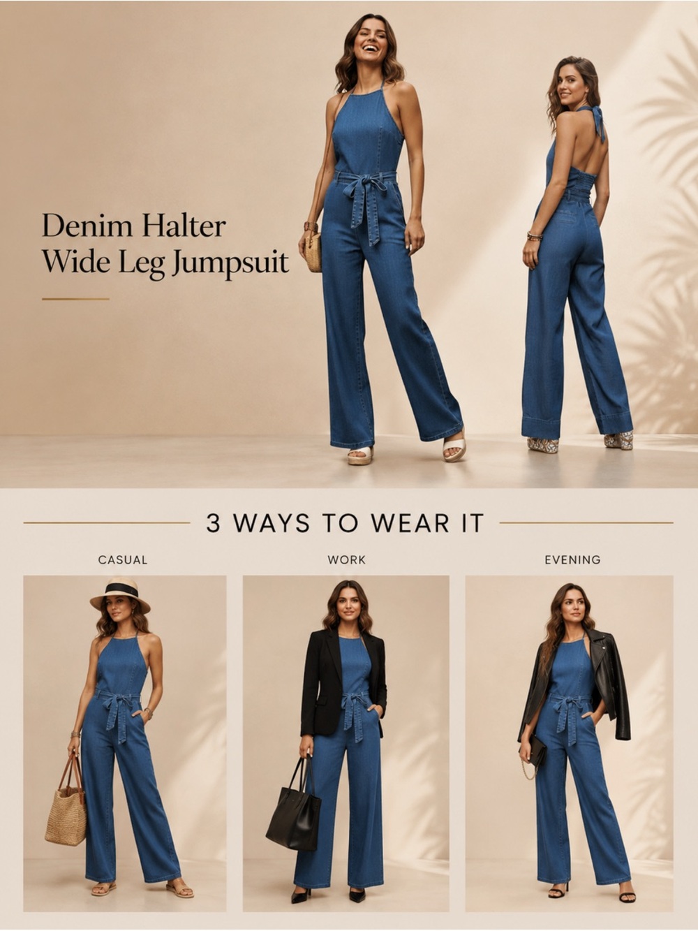 Anthropologie Elevenses Linen Blend Wide Leg Halter Jumpsuit – Size 10